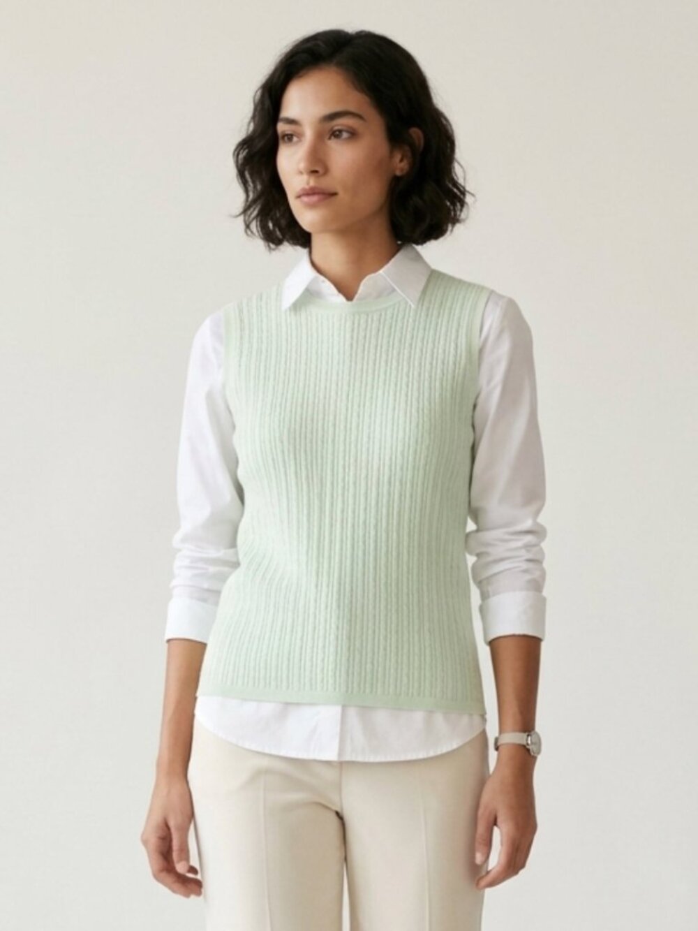 BROOKS BROTHERS Light Green Silk Blend Ribbed Cable Knit Sweater Vest Sz L